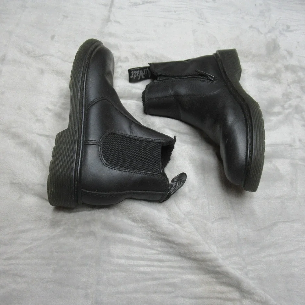 Dr Martens‎ Kids Boot 3 Black Leather Side Zip Faux Fur Line Ankle Leonore Mono